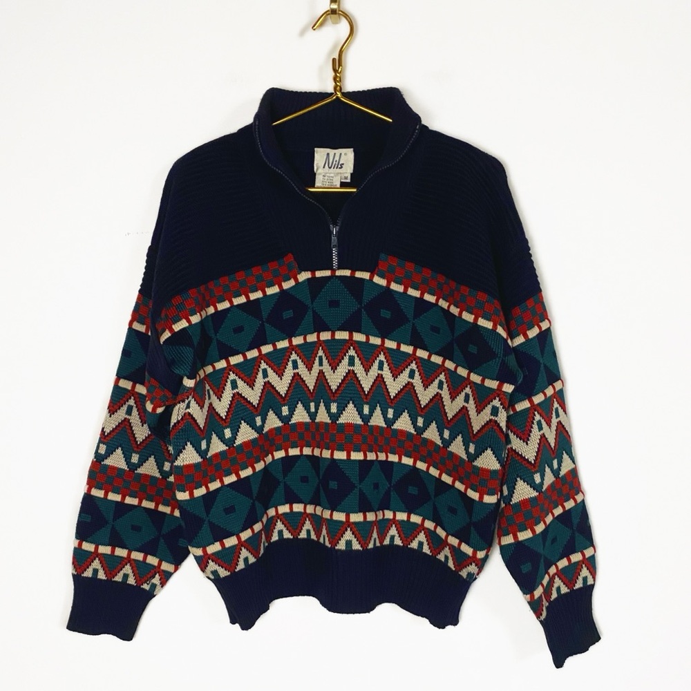 Vtg Nils Knit Festive Wool blend Navy and Red Patterned 1/3 Zip Sweater size M